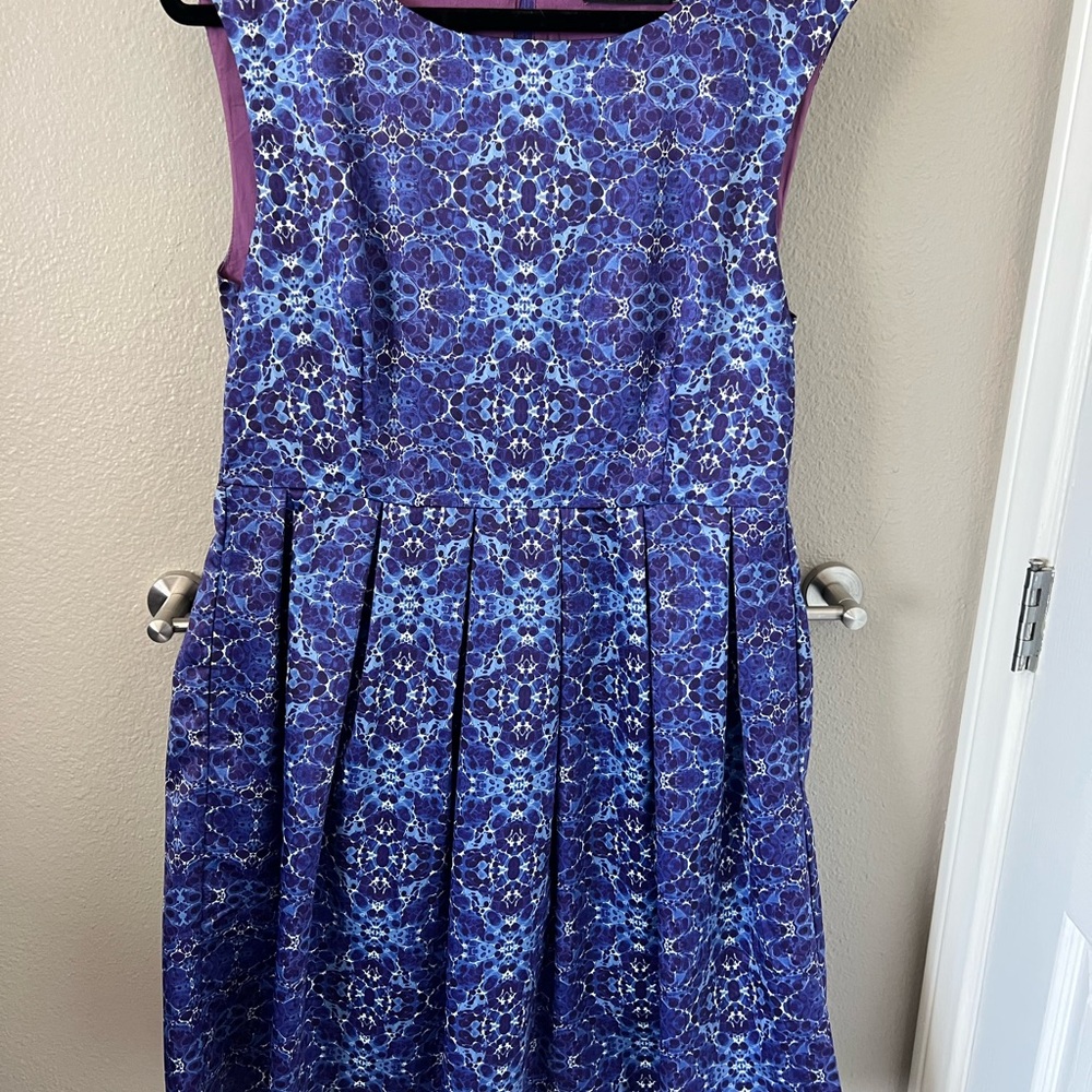 Dear Creatures Blue Pleated A-Line Dress with Cap Sleeves for Wedding Guest